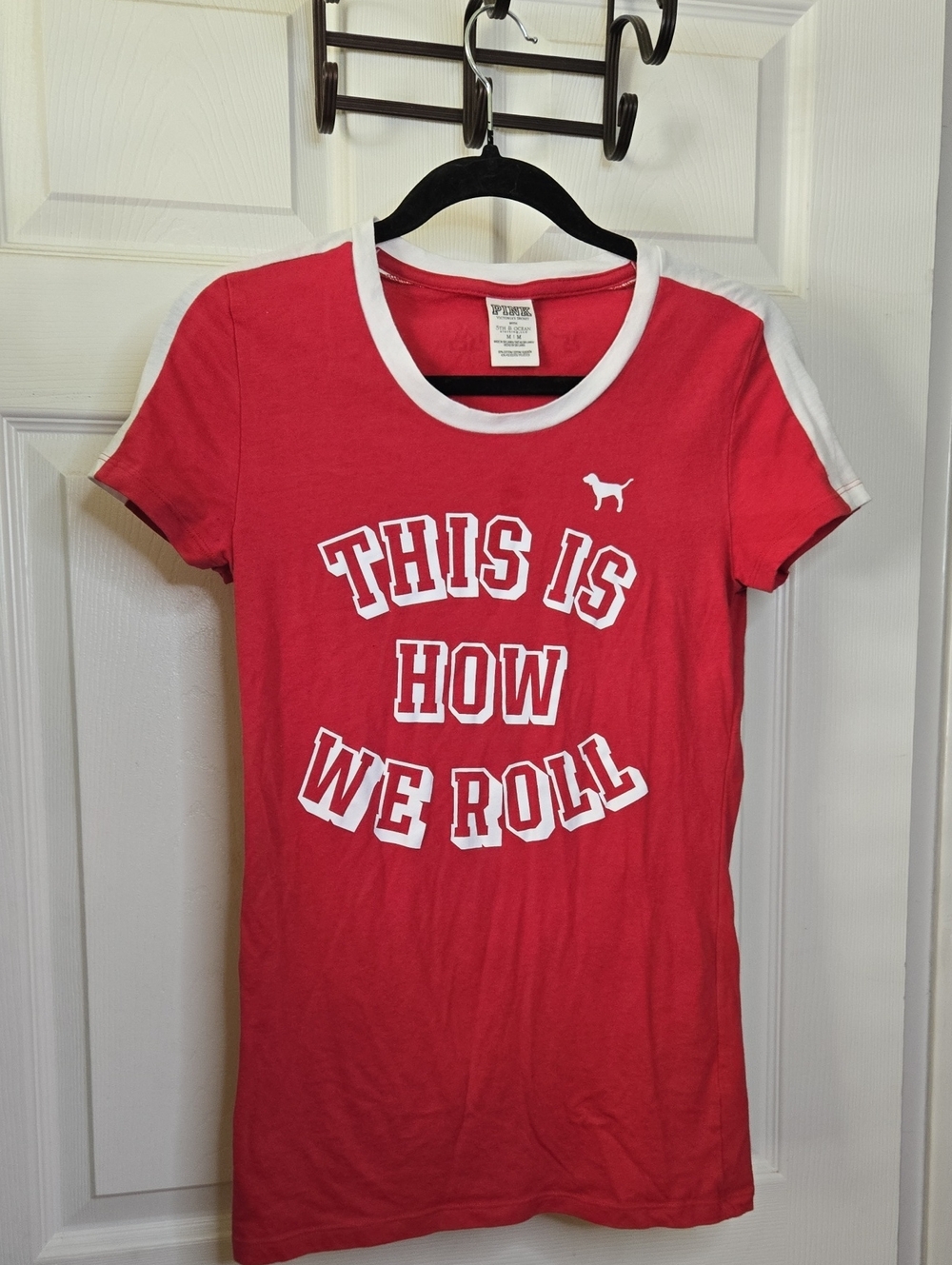 PINK Victoria's Secret Red Short-Sleeve Graphic Tee with White Trim